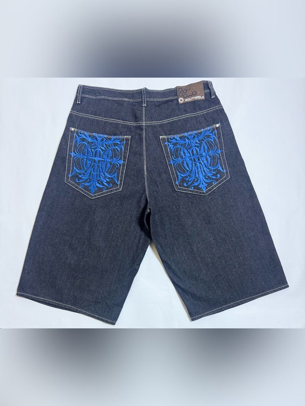 Vintage South Pole Men's Denim Shorts with Blue Embroidered Back Pockets 38